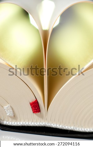Pages of a Bible curved into a heart shape.