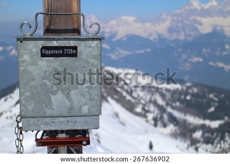 Peak box (summit case) with summit book on the top of Rippetegg, Austria