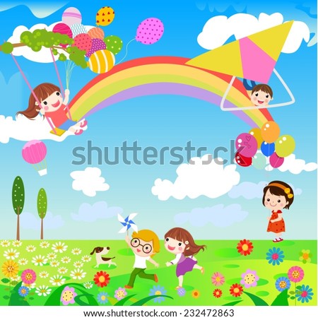 A vector illustration of children having fun playing outdoor during Spring season