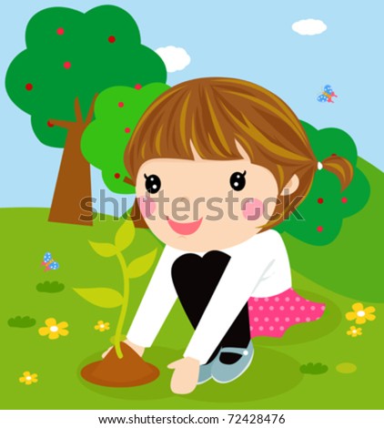 Happy Kid Is Planting Small Plant Cartoon Stock Vector Illustration