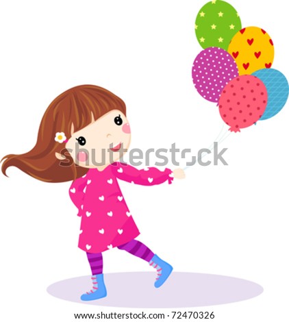 little cartoon girl running. stock vector : Cute little girl running with balloons