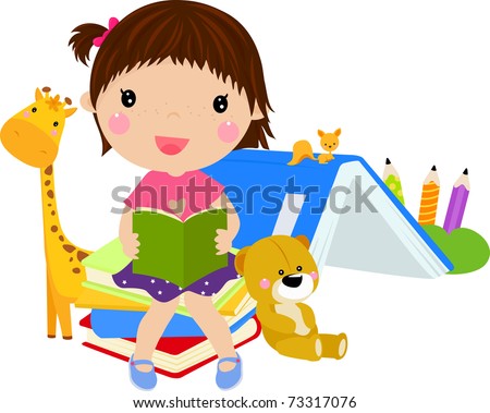 cartoon girl reading book. cute girl reading book