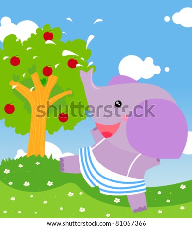 cute elephant watering apple tree