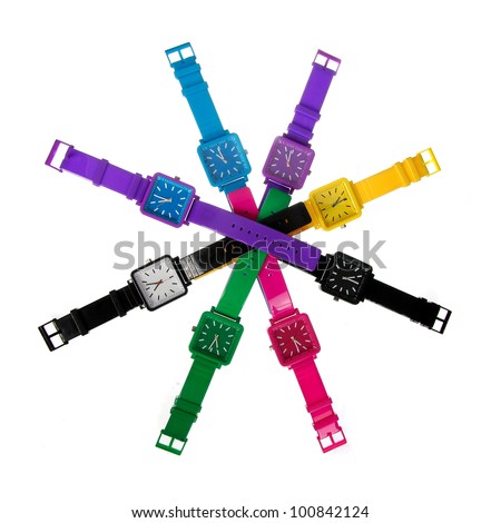 colorful set of plastic wrist watches isolated on white