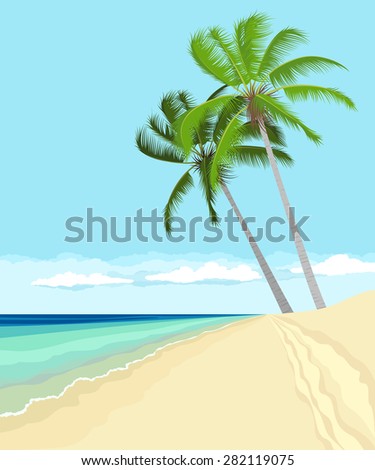 Landscape of beach with palm trees and sea