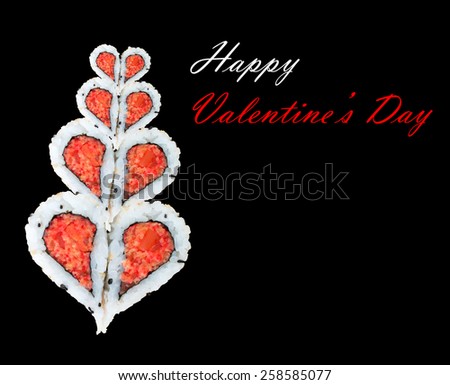 Eight pieces of sushi forming heart shapes, concept of love for Valentine\'s day
