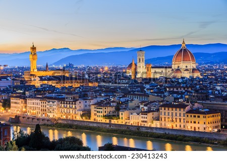The Cathedral and the Brunelleschi Dome at sunset. Florence Italy