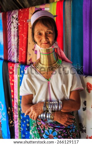 Chiang Mai, Thailand - February 18, 2015: Long neck lady. Kayan Lahwi tribe known for wearing neck rings, brass coils to extend the neck. Kayan, Red Karen (Karenni).