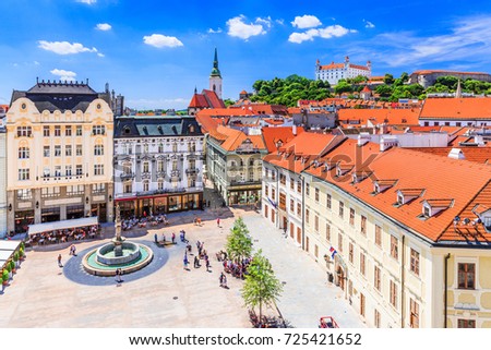Bratislava, Slovakia. View of the Bratislava castle, main square and the St. Martin\'s Cathedral.