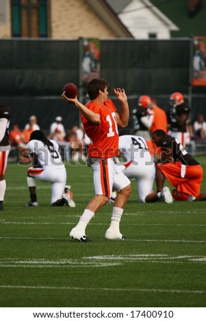 Berea, Ohio - July 30 2008: QB Brady Quinn Throwing at Cleveland Browns Training Camp in Berea, Ohio, July 30, 2008
