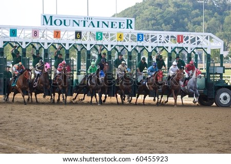 CHESTER, WEST VIRGINIA - JUNE 14: Race horses leave the shoot at The Mountaineer Racetrack on June 14, 2010 in Chester West Virginia.