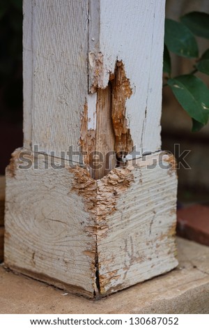 Close up view of termite damage on a outside pillar of a house