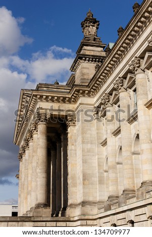 Front of the Reichstag, the federal parliament building, in Berlin, Germany.