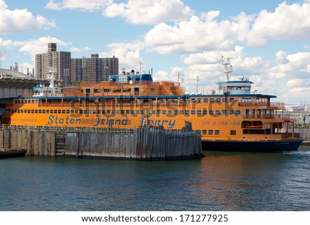 NEW YORK, NY, USA - CIRCA SEPTEMBER 2012: St. George\'s Ferry terminal with a docked Staten Island Ferry on Staten Island, NY, USA CIRCA September 2012.