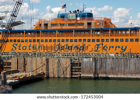 NEW YORK, NY, USA - CIRCA SEPTEMBER 2012: Detail on Staten Island Ferry docked at St. George\'s Ferry on Staten Island, NY, USA in Circa September 2012.