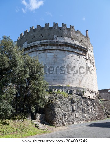 Ruins of the late republic era tomb of Caecilia Metella on the Appian Way in Rome, Italy.