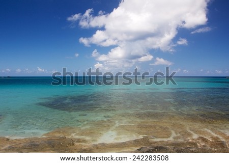 Shallow water leads from a rocky beach into the vast Caribbean Sea in the Bahamas.