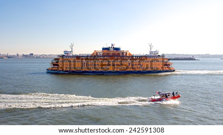NEW YORK, NY, USA - NOVEMBER 21, 2012: Staten Island Ferry passes through the harbor of New York, NY, USA on November 21, 2012.