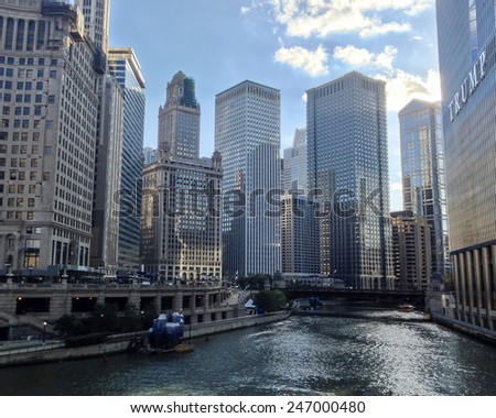 CHICAGO, IL, USA - OCTOBER 6, 2014: View of skyscrapers at the Chicago River in downtown Chicago, IL, USA on October 6, 2014.