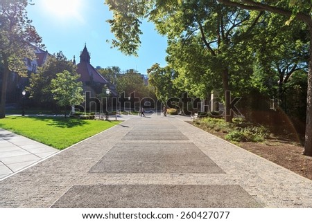 University campus on a sunny day in early Fall.