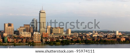 Panoramic view of the Boston, MA riverfront neighborhoods of Back Bay and Brookline, including the landmark Prudential Tower. Seen from near Kendall/MIT across the Charles river in Cambridge, MA.