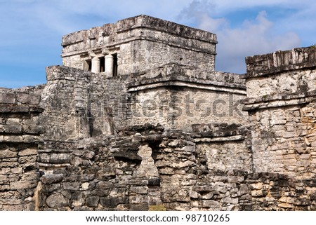 A warren of walls and ruined buildings forms a small complex of Mayan origin at Tulum, Quintana Roo, Mexico.
