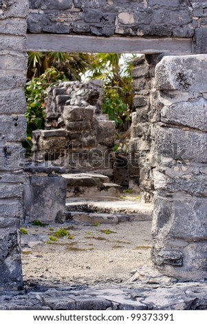 Path leading through Mayan ruins towards the jungle at Tulum, Quintana Roo, Mexico.