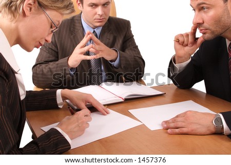Business meeting - 2 men, 1 woman, - signing contract
