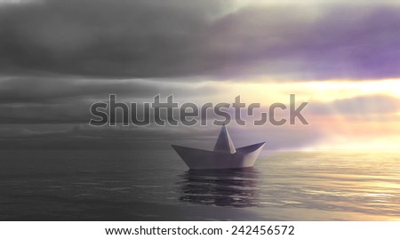 Metaphor. Paper boat swim from dark past into light future.