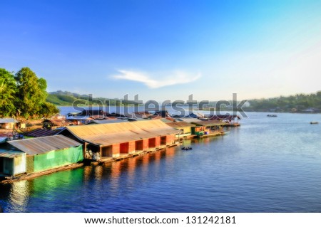 Floating cottage of the Mon (an ethnic group from Myanmar) tribal village at Sangkhla Buri District, Kanchanaburi, Thailand