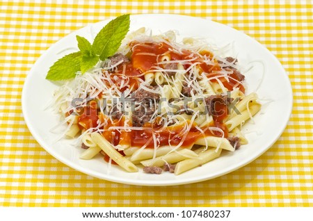 Traditional Italian macaroni pasta with tomato and grated cheese adorned with mint