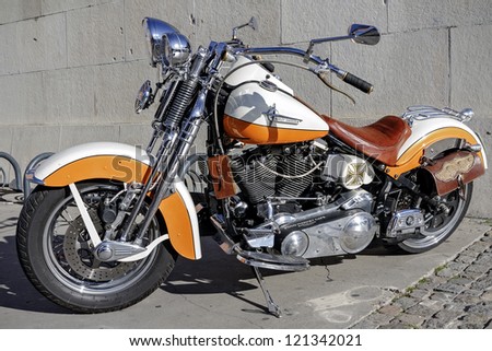BARCELONA DECEMBER 09 Harley Davidson customized for exhibition during the Montjuic Revival 2012 Barcelona Spain December 09 2012 BARCELONA DECEMBER 09 Harley Davidson customized for exhibition during the Montjuic Revival 2012 Barcelona Spain December 09 2012