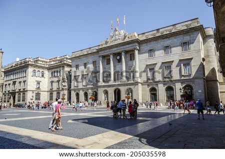 BARCELONA, SPAIN - JULY 13, 2014: The city council on Barcelona, Spain. The Council is headquartered in St. James\'s Square (officially Plaza de Sant Jaume, in Catalan).