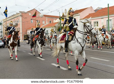 LISBON - JANUARY 16: Unidentified persons, Presidential Guards Cavalry of Portugal with the dress uniform with a review. Lisbon, Portugal on January 16, 2011.