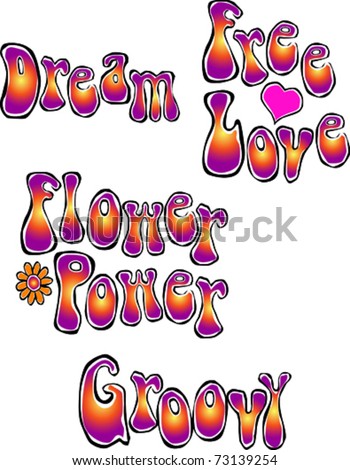stock vector Retro Happy Hippie Set of Flower Power Groovy Words Vector 