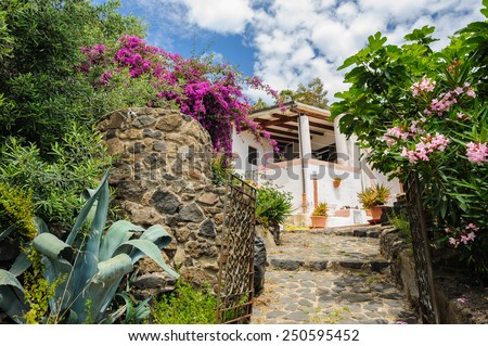 House among flowers in blossom on Alicudi island, Aeolian Islands, Sicily, Italy.