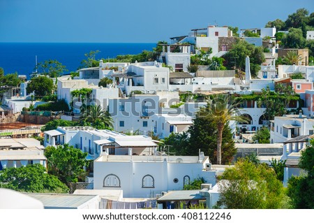 An above view of Panarea island with typical white houses, Aeolian islands, Sicily, Italy.