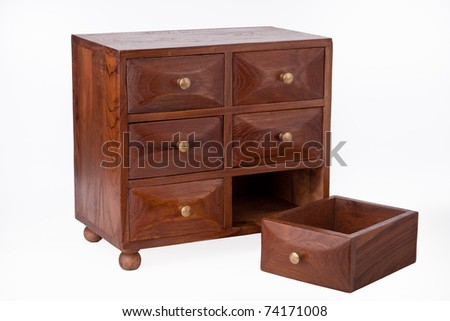 Small apothecary antique oak chest of drawers with one chest open
