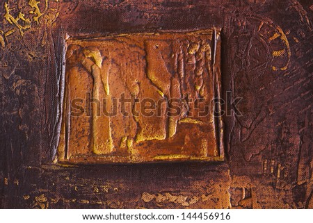 abstract relief oil painting, square motive on canvas with surrounding fragments of time and sun symbols, burnt sienna