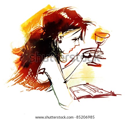 young woman with a glass of wine reading a book - artistic sketch in color