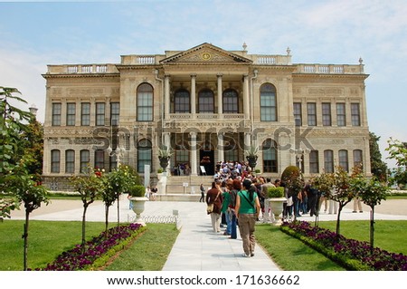 ISTANBUL TURKEY MAY: Dolmabahce Palace on May 12, 2013 in Istanbul, Turkey. Dolmabahce Palace was ordered by the Ottoman Empire\'s 31st Sultan, Abdulmecid I, and built between the years 1843 & 1856.