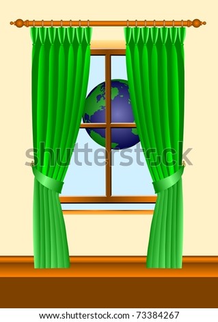 Illustration showing a room with a window and curtains looking towards Earth / Window to the World