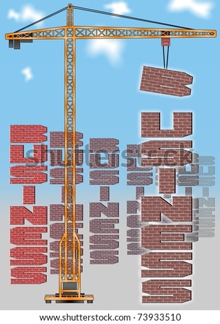 Tall crane lifting a letter B and putting on the top of a word business / Building the business