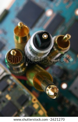 bunch of wires and cables. Fiber optic cable connector in focus