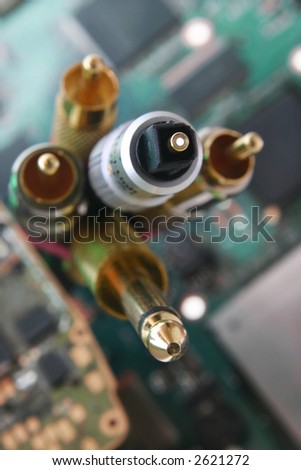 Bunch of wires and cables. Fiber optic cable connector in focus