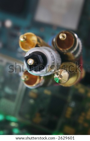 bunch of wires and cables. Fiber optic cable connector in focus