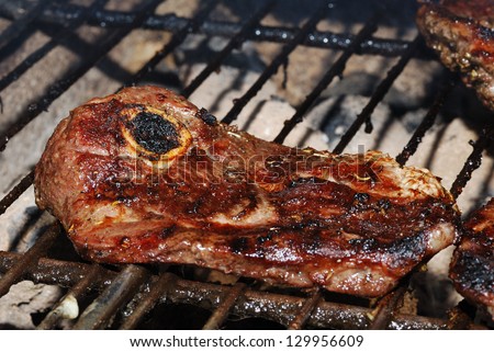 fresh lamb steak on charcoal grilled in the summer great view