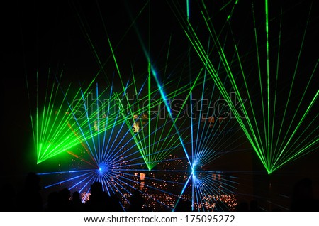 bright green blue laser show at night with audience
