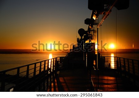 beautiful warm sunset on a cruise ship in Barcelona