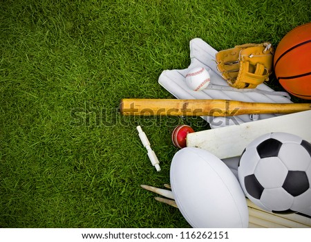sports equipment on grass, football, rugby, baseball, cricket, basketball